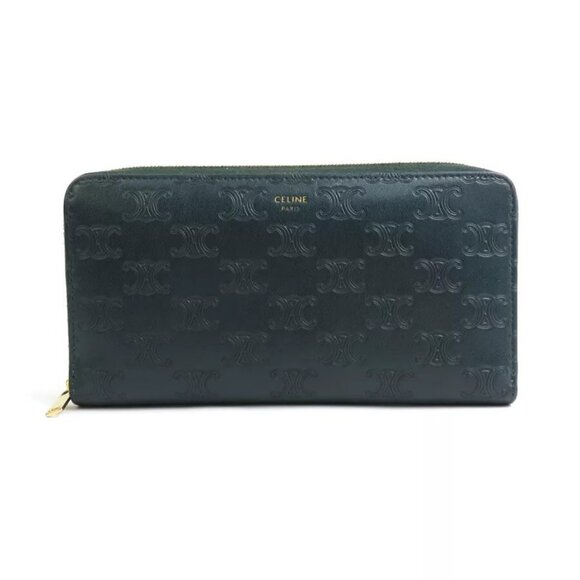 Auth CELINE Triomphe Zip Around Long Wallet Dark Green Leather authentic - Picture 3 of 16